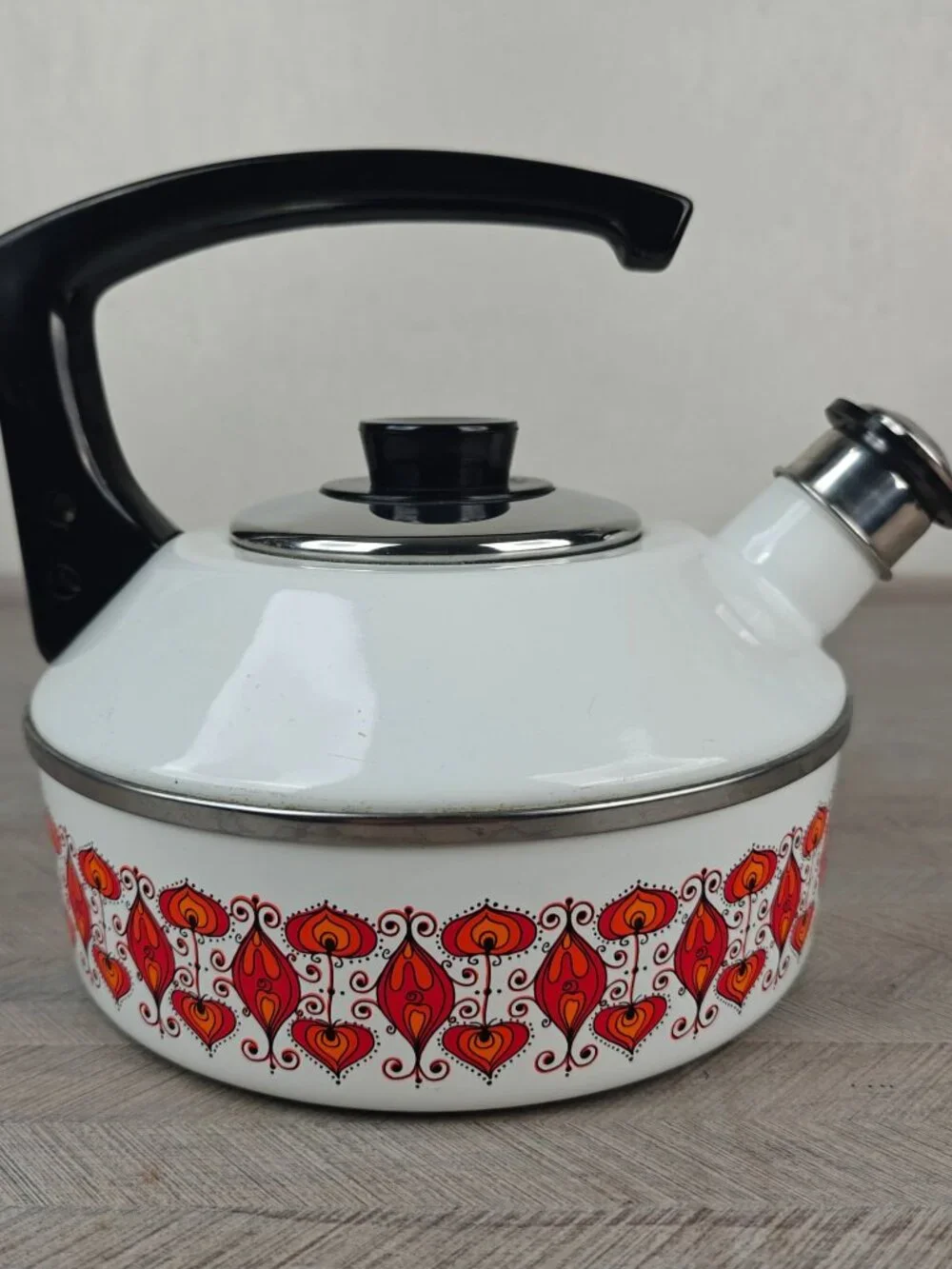 Vintage Austria Email Enamel Tea Kettle Mid-Century Modern White Red Black
